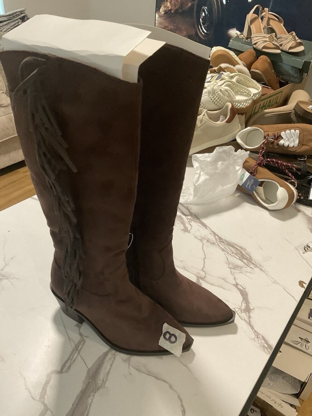 Women’s Brown Western Knee High Fringe Boots Pointed Toe Faux Suede Size 8